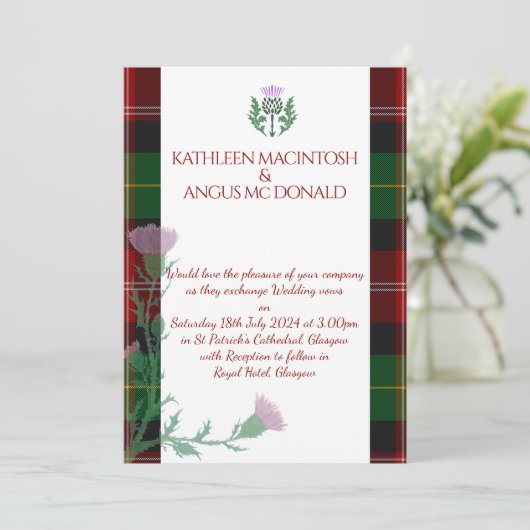 スコッ伝統的トタータンチェック縁どとシスル 招待状 (スタンド正面)