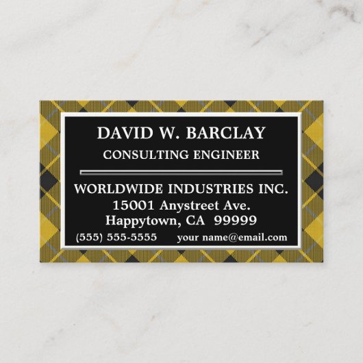 スコティッシュクランドバークレイイエローブラックタータンチェックプレイド 名刺 (正面)