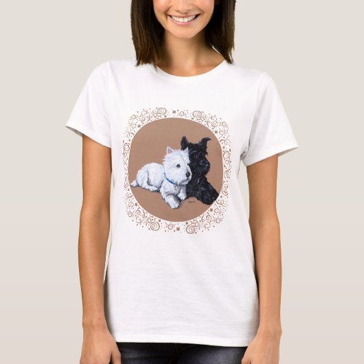 スコティッシュテリアとウェスティーのデザイン Tシャツ (正面)