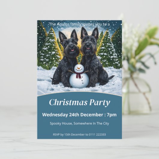スコティッシュテリアと雪だるまクリスマスパーティー 招待状 (スタンド正面)