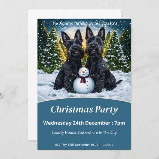 スコティッシュテリアと雪だるまクリスマスパーティー 招待状 (正面/裏面)