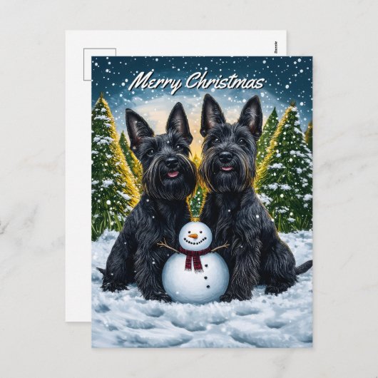 スコティッシュテリアと雪だるまクリスマス シーズンポストカード (正面/裏面)