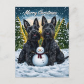 スコティッシュテリアと雪だるまクリスマス シーズンポストカード (正面)