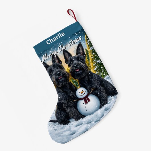 スコティッシュテリアと雪だるまクリスマス スモールクリスマスストッキング (裏面 (吊り時))