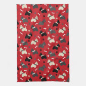 スコティッシュテリアの前足と骨の赤 キッチンタオル (縦)