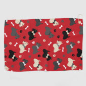 スコティッシュテリアの前足と骨の赤 ゴルフタオル (横)