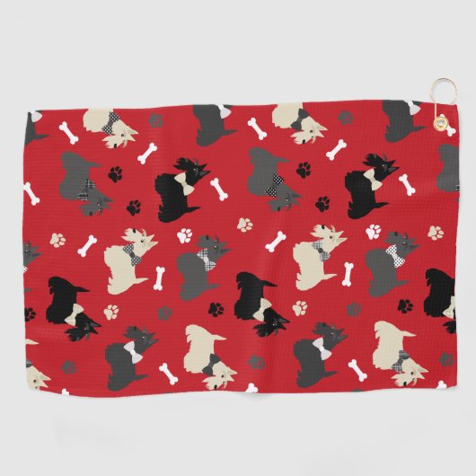 スコティッシュテリアの前足と骨の赤 ゴルフタオル (横)