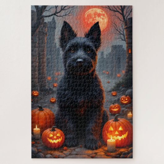 スコティッシュテリアの幽霊城ハロウィーン肖像画 ジグソーパズル (縦)