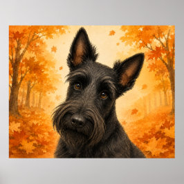 スコティッシュテリアの秋の森の犬 ポスター