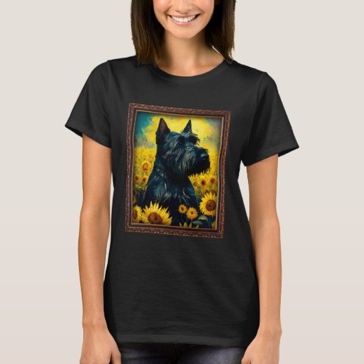 スコティッシュテリアの絵 サンフラワー 花 ママ 女性 Tシャツ (正面)