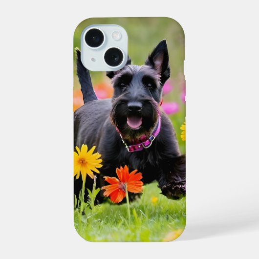 スコティッシュテリアを草や花で突き刺す iPhone 15ケース (裏面)