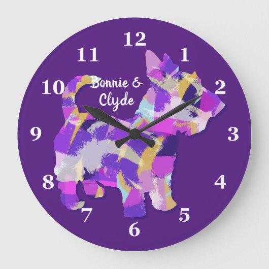 スコティッシュテリアドッグシルエット可愛いパープルPY&B ラージ壁時計 (正面)