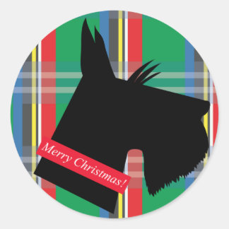 スコティッシュテリアドッグプレイドクリスマスステッカー ラウンドシール
