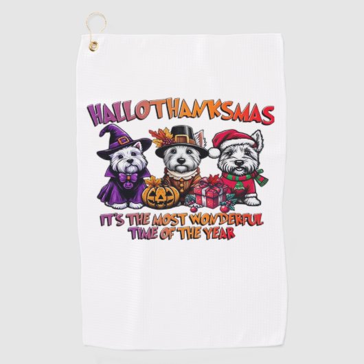 スコティッシュテリアハロウィンサンクスギビングクリスマス ゴルフタオル (正面)