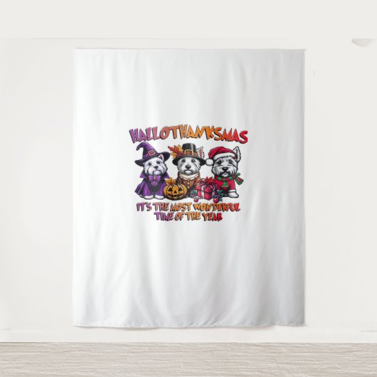 スコティッシュテリアハロウィンサンクスギビングクリスマス タペストリー (正面)
