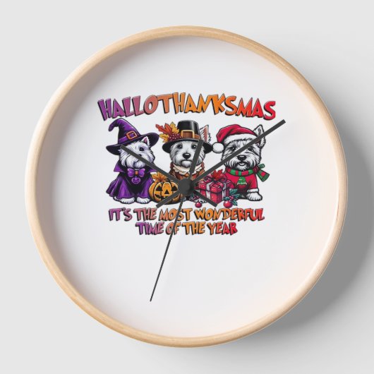 スコティッシュテリアハロウィンサンクスギビングクリスマス 壁時計 (正面)