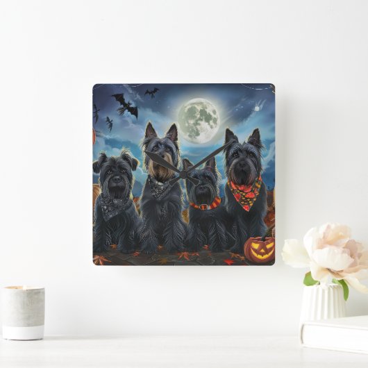 スコティッシュテリアハロウィン不気味 スクエア壁時計 (ホーム)