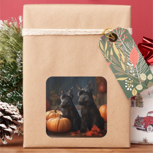 スコティッシュテリアパピーオータムデライトカボチャ スクエアシール (クリスマス)