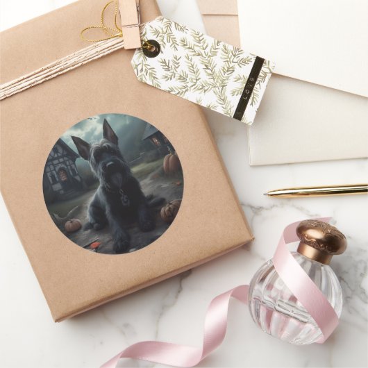 スコティッシュテリアパンプキンスハロウィーン怖い ラウンドシール (ギフト)