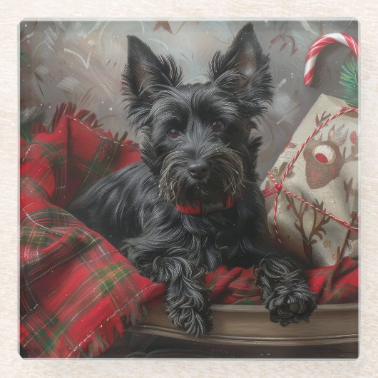 スコティッシュテリア犬のクリスマス ガラスコースター (正面)