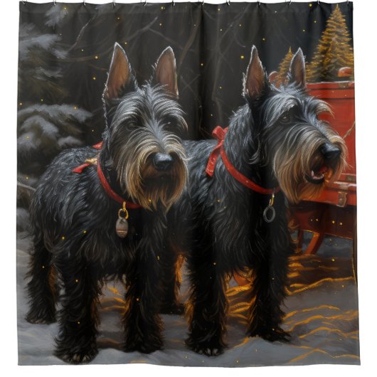スコティッシュテリア雪そりのクリスマスデコール シャワーカーテン (正面)