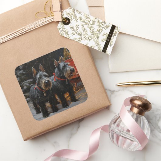 スコティッシュテリア雪そりのクリスマスデコール スクエアシール (ギフト)
