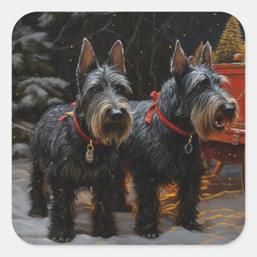 スコティッシュテリア雪そりのクリスマスデコール スクエアシール (正面)