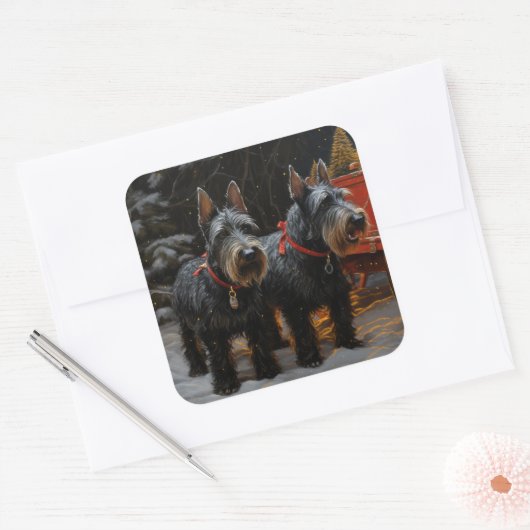 スコティッシュテリア雪そりのクリスマスデコール スクエアシール (封筒)