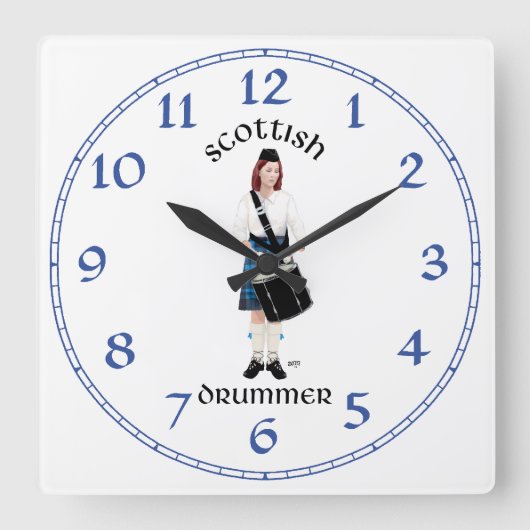 スコティッシュドラマー – ブルーキルト スクエア壁時計 (正面)