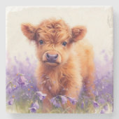 スコティッシュハイランドカウカーフパープルワイルドフラワー ストーンコースター (正面)