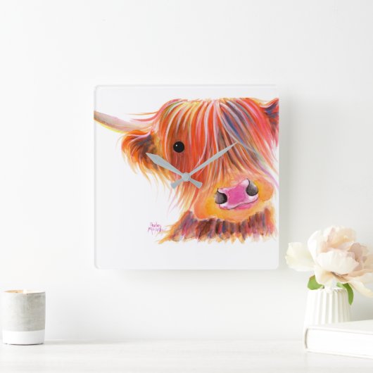 スコティッシュハイランドカウズ「SWEET SATSUMA」by Shirley スクエア壁時計 (ホーム)