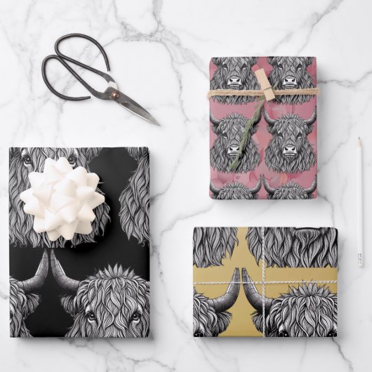 スコティッシュハイランドブルイラストレーション ラッピングペーパーシート (正面)