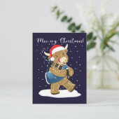 スコティッシュハイランド遊牛のクリスマスバグパイプ シーズンポストカード (スタンド正面)