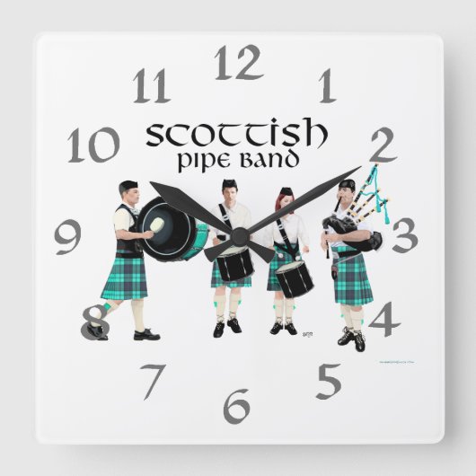 スコティッシュパイプバンド – ターコイズキルト スクエア壁時計 (正面)