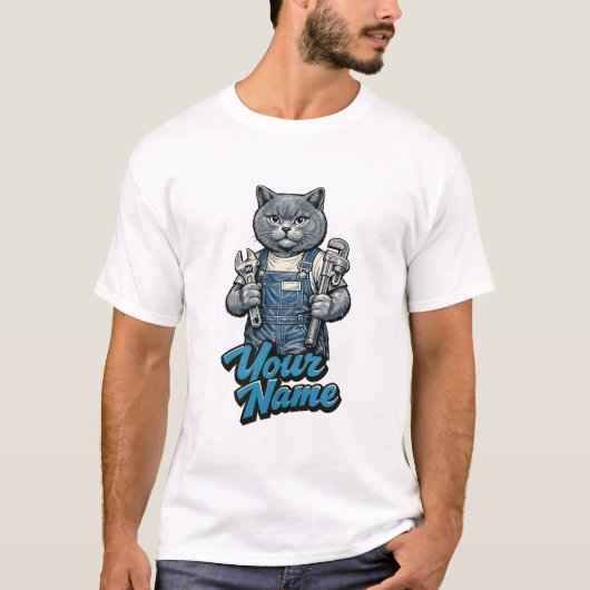 スコティッシュフォールドの猫の配管工 名前入れ Tシャツ (正面)