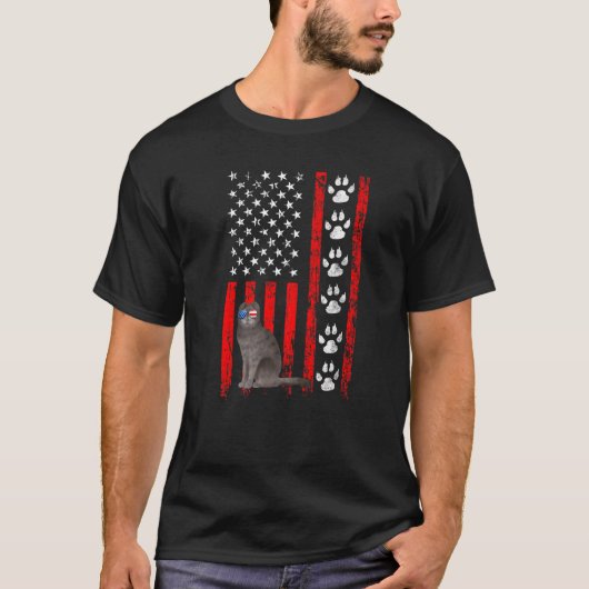 スコティッシュフォールドの猫 アメリカ愛国心 7月4日 Tシャツ (正面)