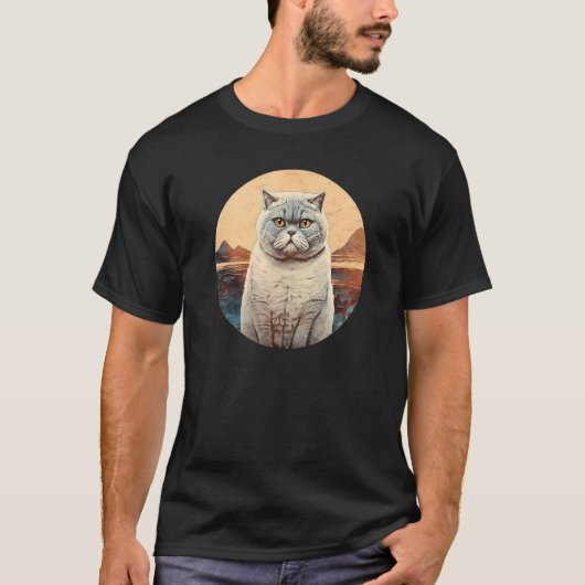 スコティッシュフォールドの猫、ディストレス加工、猫好き Tシャツ (正面)