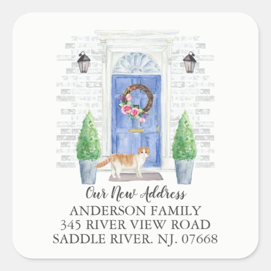 スコティッシュフォールドキャットブルードア新しい住所ラベル スクエアシール (正面)