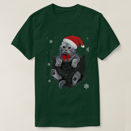 スコティッシュフォールドキャットポケットとクリスマスサンタハット Tシャツ (デザイン正面)