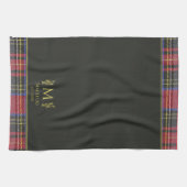 スコティッシュレッドタータンチェックパーソナライズされた名前をカスタムするブラック キッチンタオル (横)