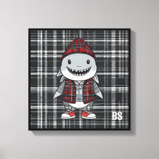 スコティッシュ変装のサメ – 魅力的タータンチェックサメ キャンバスプリント (正面)