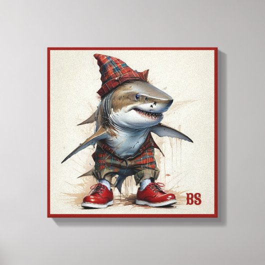 スコティッシュ変装の怖いサメ – タータンチェックサメ キャンバスプリント (正面)