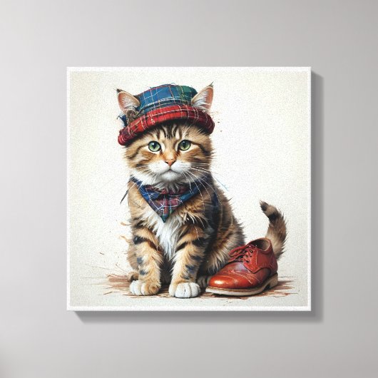 スコティッシュ変装の猫たち魅力的-タータンチェック猫 キャンバスプリント (正面)