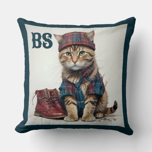 スコティッシュ変装の猫たち魅力的-タータンチェック猫 クッション (正面)