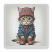 スコティッシュ変装の猫たち魅力的-タータンチェック猫 シール (正面)