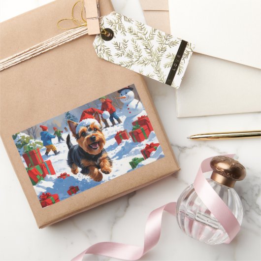 スコティッシュ走・テリアの雪とクリスマスハット 長方形シール (ギフト)