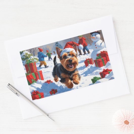 スコティッシュ走・テリアの雪とクリスマスハット 長方形シール (封筒)