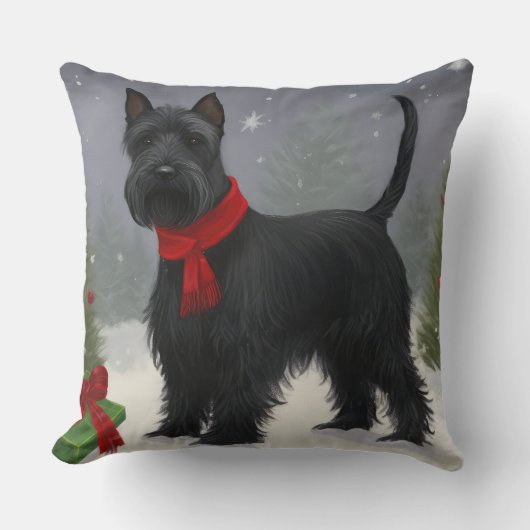 スコティッシュ・テリアの犬と雪のクリスマス クッション (正面)