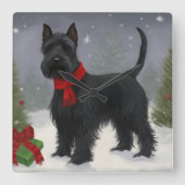 スコティッシュ・テリアの犬と雪のクリスマス スクエア壁時計 (正面)