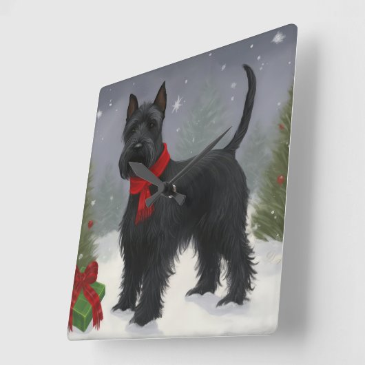スコティッシュ・テリアの犬と雪のクリスマス スクエア壁時計 (傾斜)